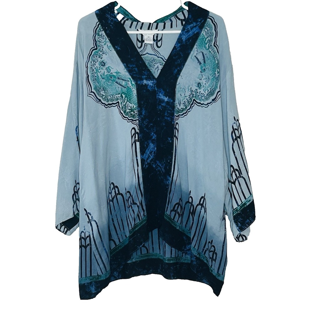 Citron Santa Monica Silk Tunic Size 2X Blue Asian Floral Wide Kimono Sleeves